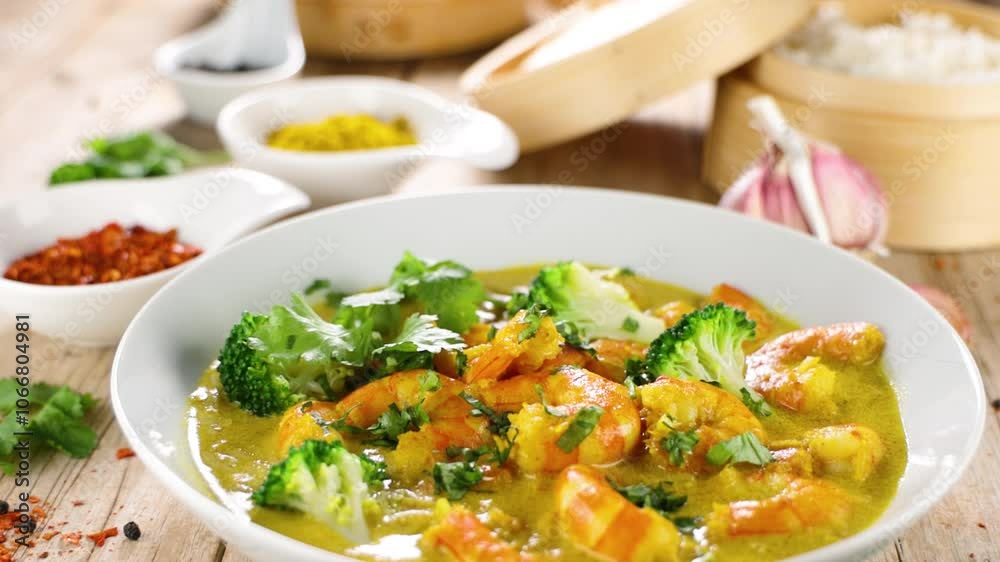 fried shrimp with cream, curry and herbs. Asian food fried shrimp with cream, curry and herbs. Asian food