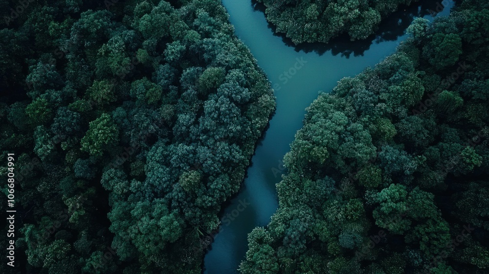 Aerial view of a winding river through lush forest, showcasing nature's beauty for travel inspiration Aerial view of a winding river through lush forest, showcasing nature's beauty for travel inspiration