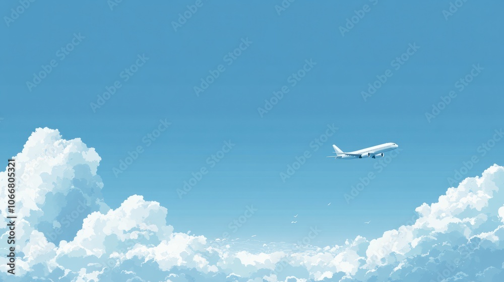 Blue sky with a plane flying by, symbolizing freedom and travel on an open, clear background Blue sky with a plane flying by, symbolizing freedom and travel on an open, clear background