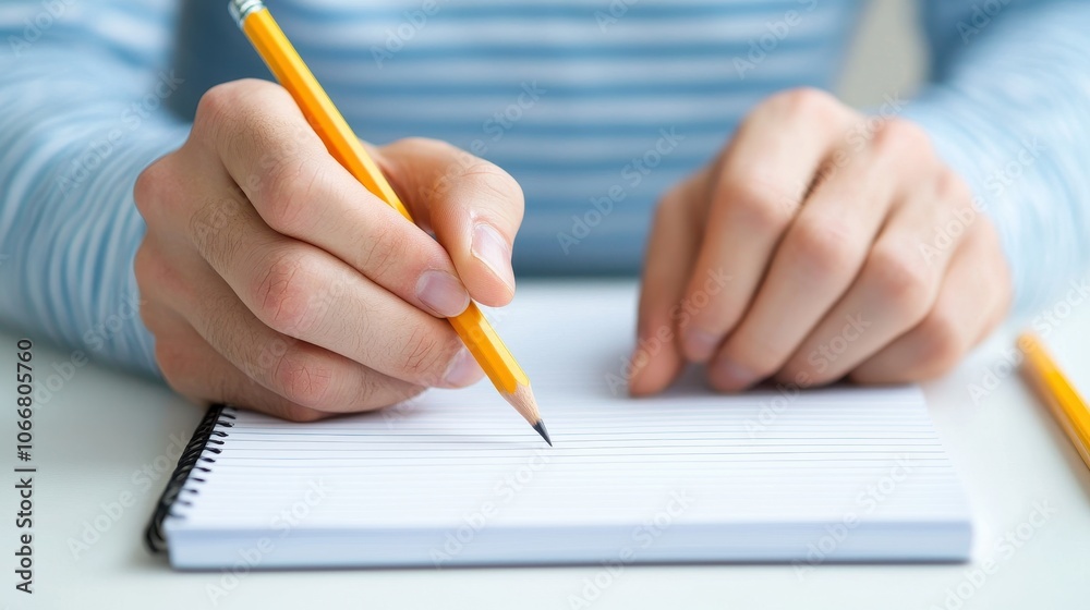 Close-up of hands writing notes in a lined notebook with a yellow pencil, focusing on learning or study preparation. Close-up of hands writing notes in a lined notebook with a yellow pencil, focusing on learning or study preparation.