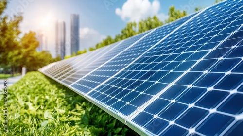 Close-up of solar panels near green vegetation, with a modern city skyline in the background.