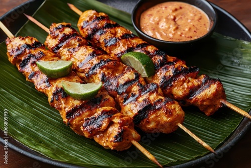 Delicious grilled chicken satay skewers with creamy peanut sauce, elegantly presented on a vibrant banana leaf.