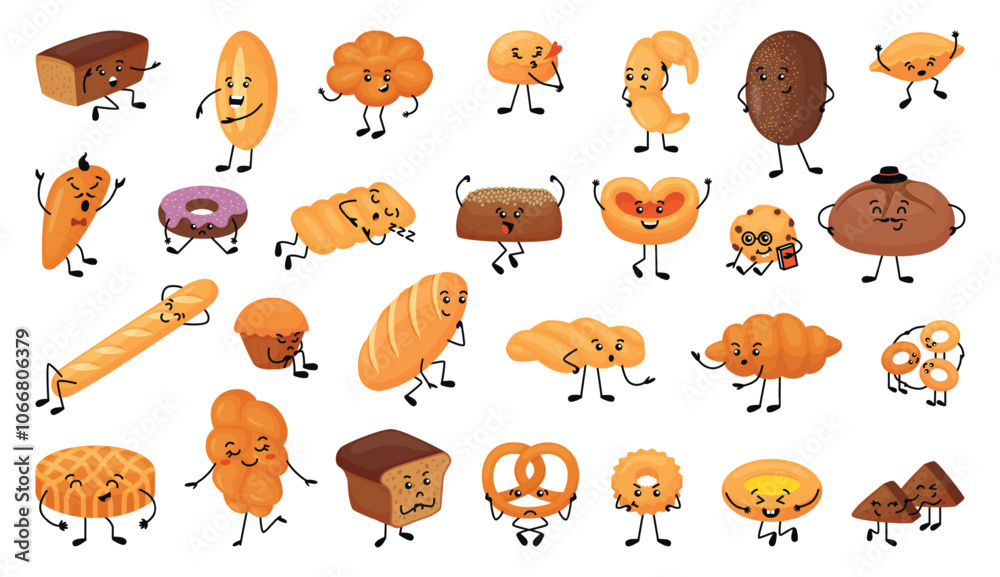 Fototapeta premium Cute bread characters. Funny pastry character, kawaii croissant baguette bread buns. Sweet donut, bagel, muffin mascots, neoteric vector set