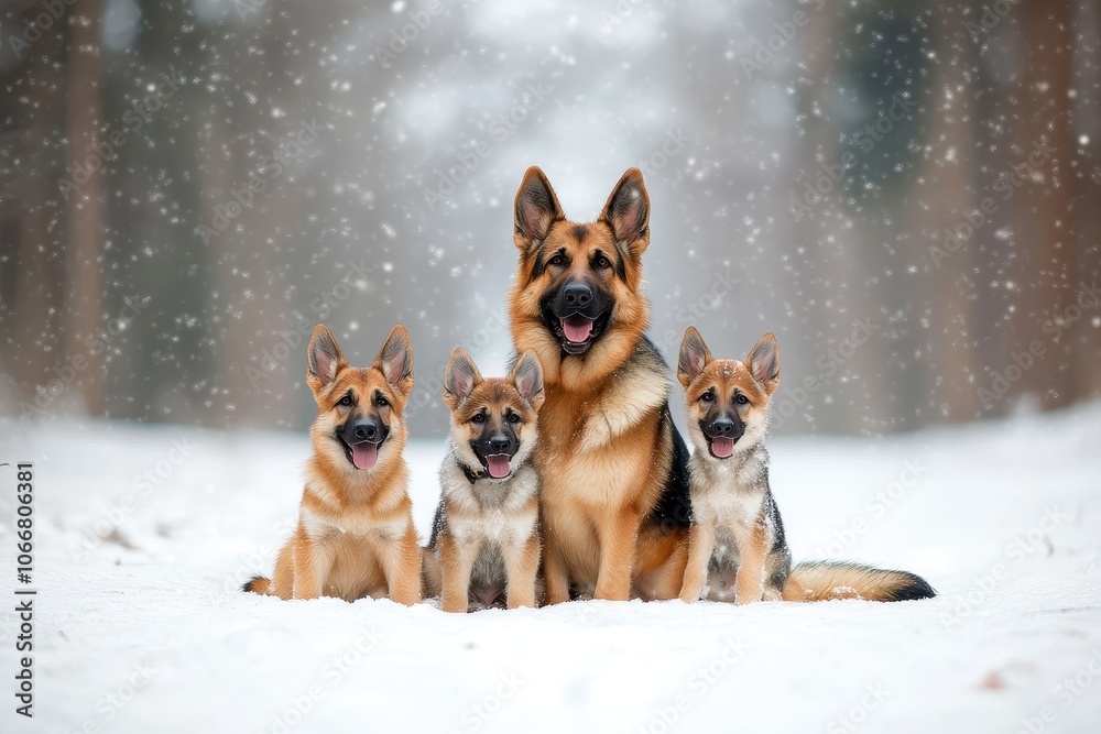 Naklejka premium German Shepherd adult dog with four puppies sitting together in a snowy forest, looking happy and playful in winter scenery.