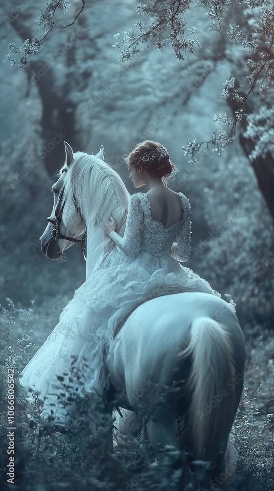 Enchanted Forest: A Woman Riding a White Horse Through a Mystical Woodland Enchanted Forest: A Woman Riding a White Horse Through a Mystical Woodland
