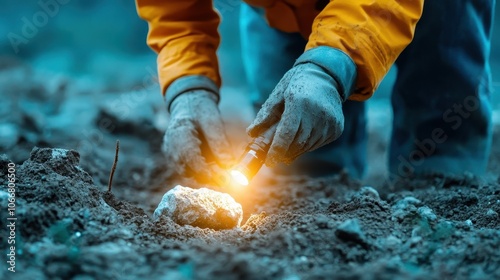 Close-up of a geologist wearing gloves and examining a rock with a flashlight in a rugged outdoor setting. photo