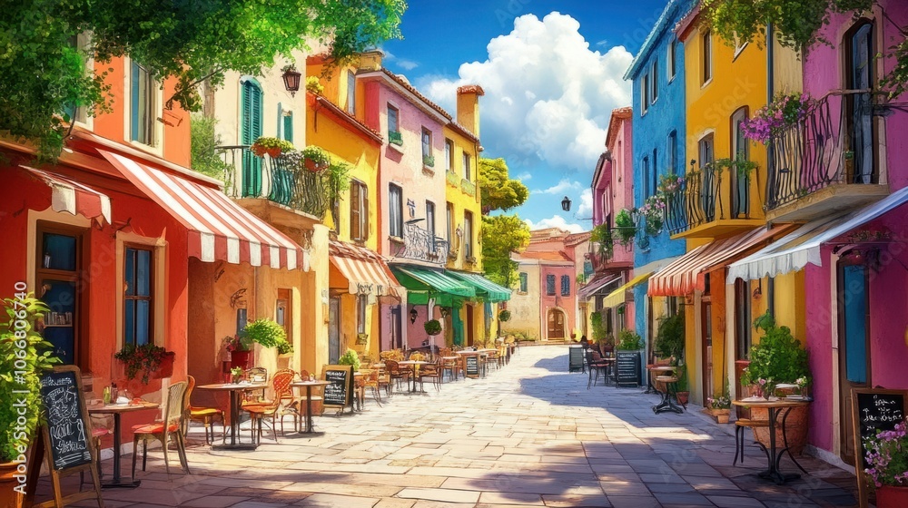 Fototapeta premium European-style street with outdoor cafes and colorful buildings, ideal for cultural travel themes