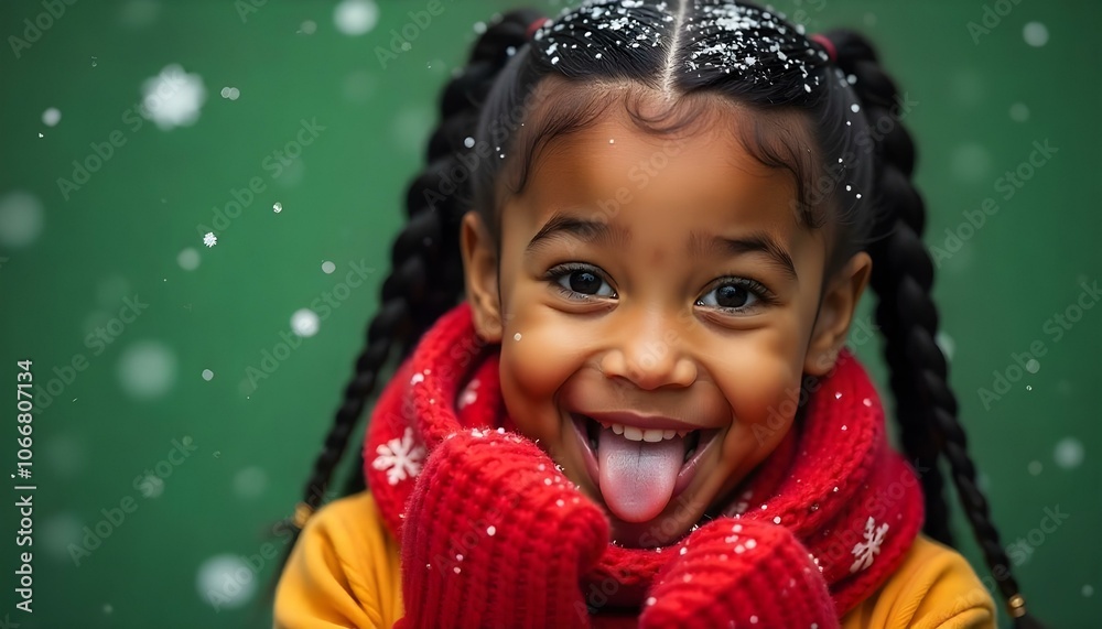 Black girl with Christmas red scarf and mittens, playfully sticking her tongue out at the camera with snow falling for copy space Black girl with Christmas red scarf and mittens, playfully sticking her tongue out at the camera with snow falling for copy space