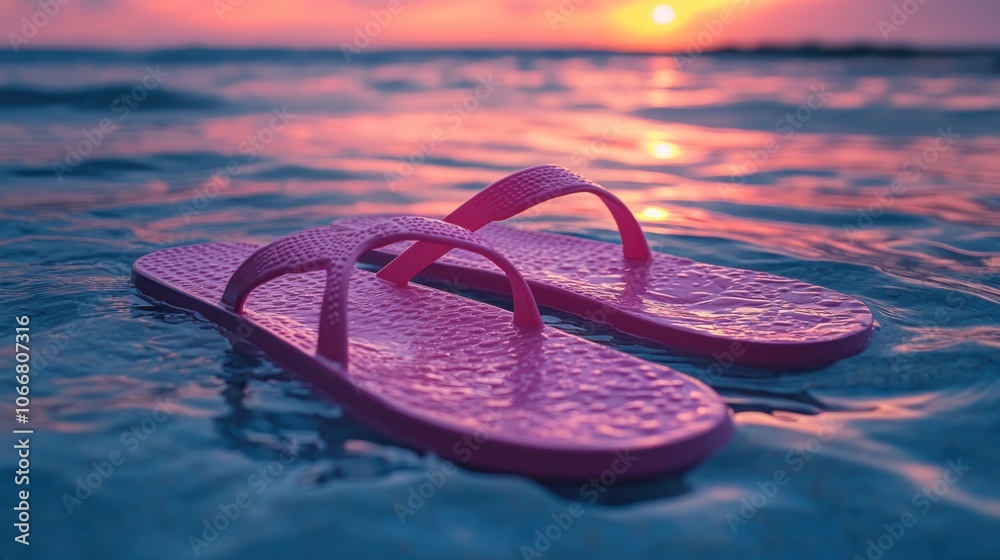 Pink flip-flops floating in shallow water during sunset, beach vacation vibes, summer footwear, peaceful ocean at dusk, relaxation, tropical seaside calm, travel inspiration Pink flip-flops floating in shallow water during sunset, beach vacation vibes, summer footwear, peaceful ocean at dusk, relaxation, tropical seaside calm, travel inspiration