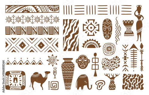 Doodle african ethnic elements. Animal silhouettes, dotted linear ornaments. Decorative tribal hand drawn borders dividers, neoteric vector collection