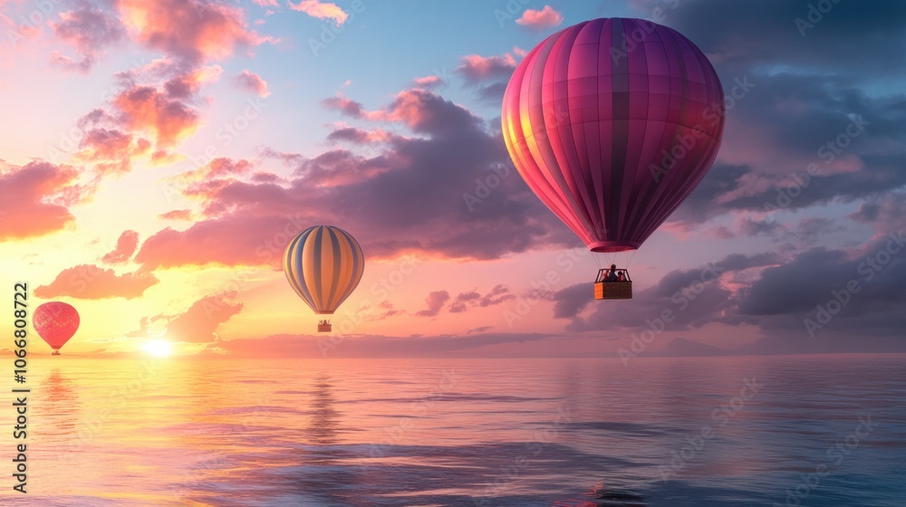 Hot air balloons over a sunrise landscape, symbol adventure and exploration Hot air balloons over a sunrise landscape, symbol adventure and exploration