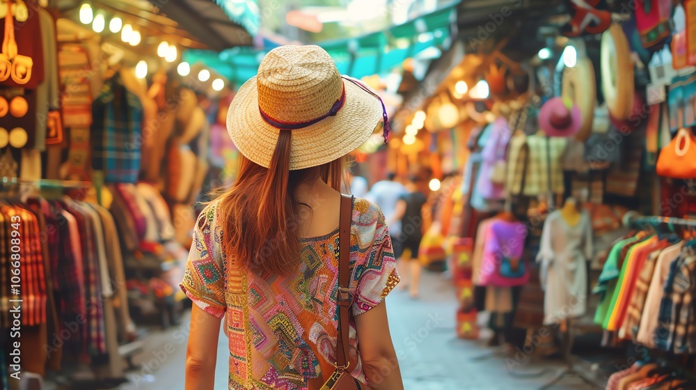 A woman wearing a straw hat walks through a busy marketplace. A woman wearing a straw hat walks through a busy marketplace.