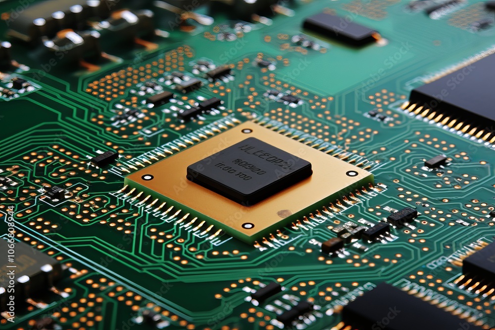 Close-up view of a CPU on a detailed printed circuit board showcasing intricate connections Close-up view of a CPU on a detailed printed circuit board showcasing intricate connections
