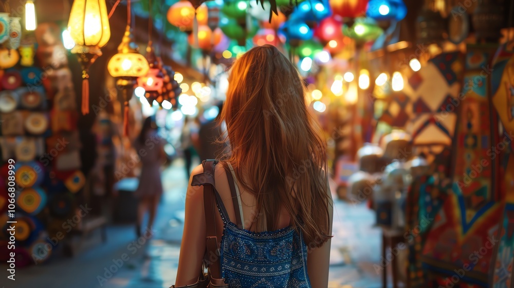 A woman walks through a busy marketplace. A woman walks through a busy marketplace.