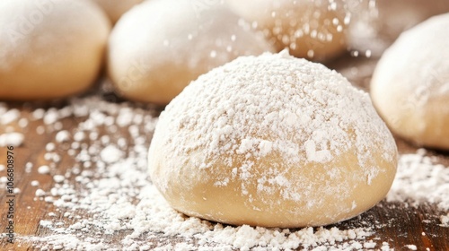 A dough ball sits dusted with flour on a wooden surface, ready for baking in a warm kitchen atmosphere