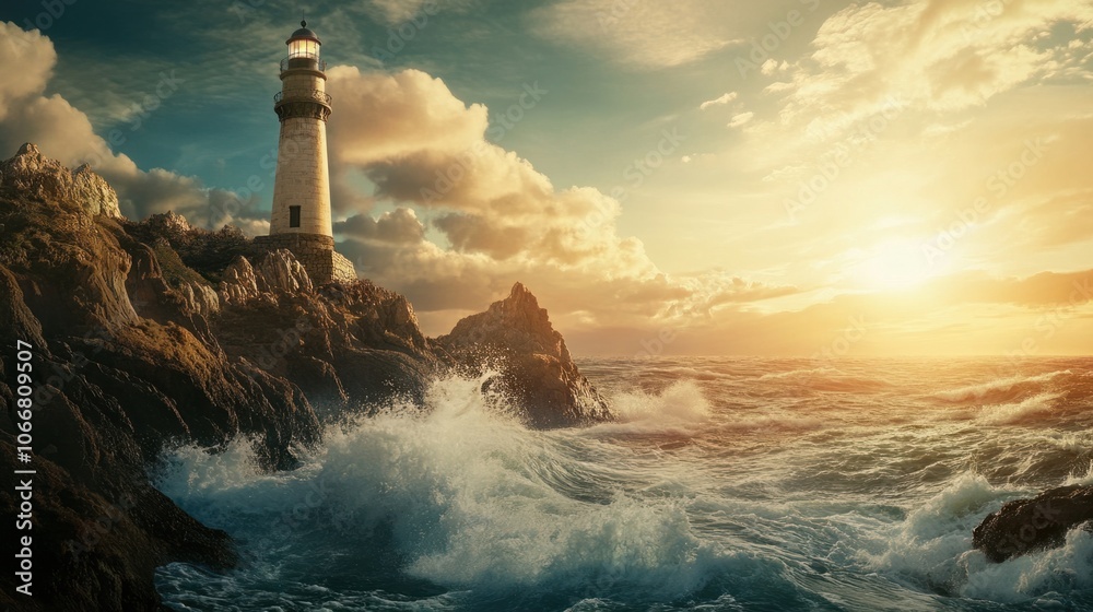 Lighthouse on a rugged coastline with crashing waves, ideal for adventurous travel themes Lighthouse on a rugged coastline with crashing waves, ideal for adventurous travel themes
