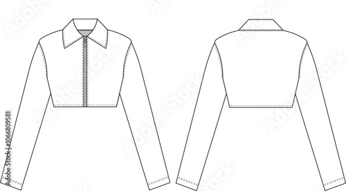 zippered long sleeve collared crop cropped shirt jacket coat blouse top template technical drawing flat sketch cad mockup fashion woman design style model 

