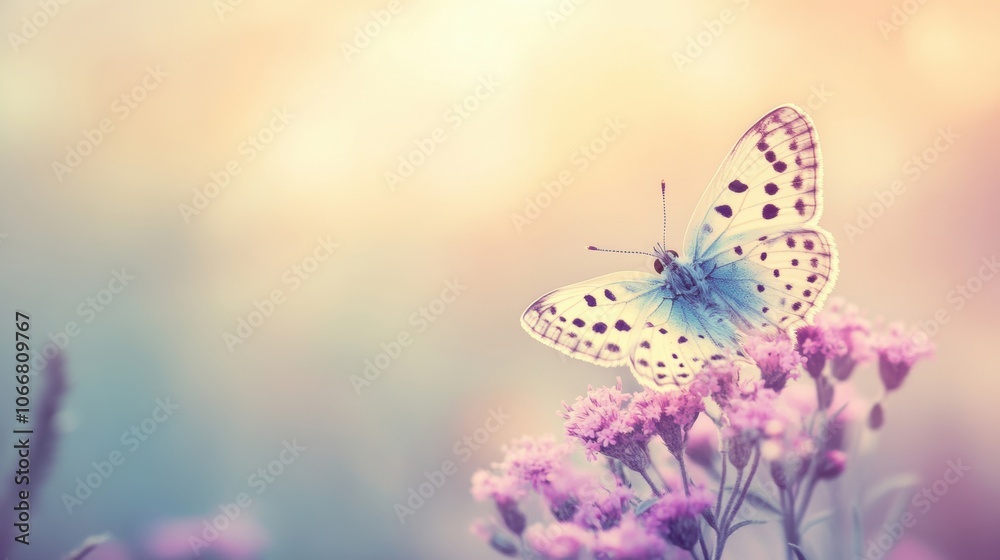 Naklejka premium A delicate butterfly perches on vibrant wildflowers, illuminated by the warm, ethereal glow of early evening light