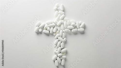 white pills in the shape of a cross lie on a white background, the concept of faith in medicine, religion and medicine