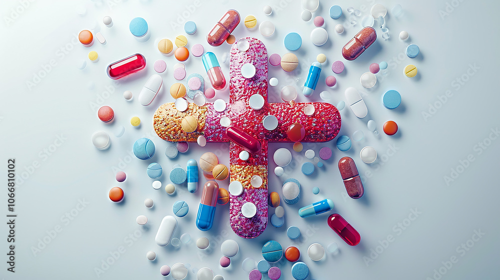 many different pills in the shape of a cross lie on a white background, the concept of faith in medicine, religion and medicine many different pills in the shape of a cross lie on a white background, the concept of faith in medicine, religion and medicine