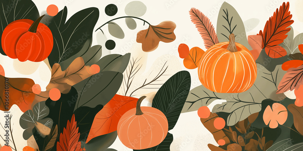 Pumpkin and Leaf Pattern: Abstract autumn background with warm pumpkin and leaf motifs Pumpkin and Leaf Pattern: Abstract autumn background with warm pumpkin and leaf motifs