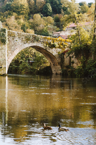 medieval stone bridge over the Arnoia river in Allariz in autumn. Galicia