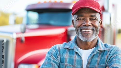 The truck driver smiles confidently in front of his red semi truck, capturing the essence of hard work and dedication in transportation photo