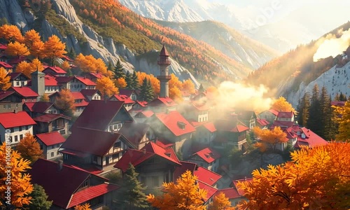 A peaceful autumn forest landscape with colorful leaves near a tranquil lake surrounded by mountains and clouds. seamless loop animation, lofi  photo