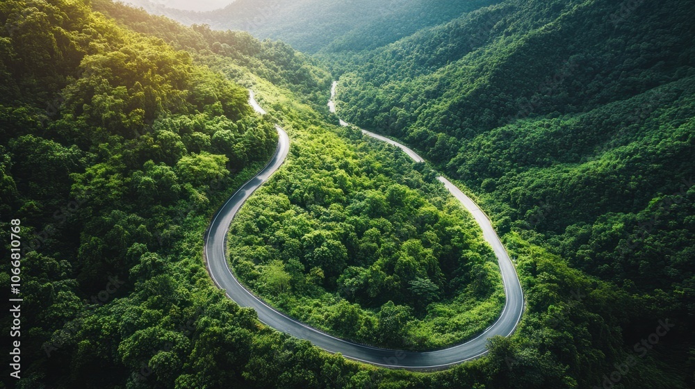 Scenic view of winding road through green mountains, representing road trip travel Scenic view of winding road through green mountains, representing road trip travel