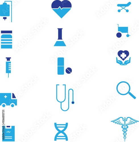 Medical icon set and medical instruments. Solid vector icons.