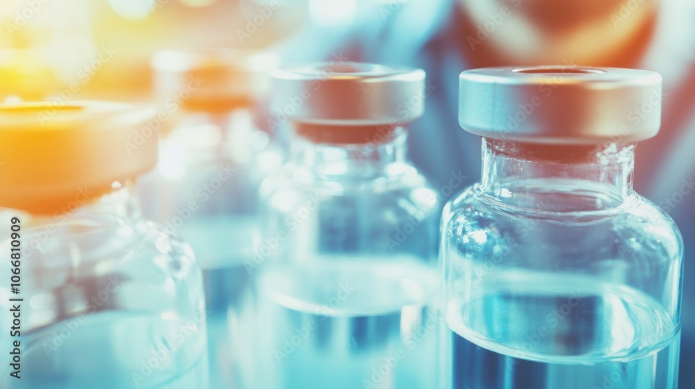 A scientist carefully examines vaccine vials in a laboratory, focusing on the contents and ensuring quality control during research A scientist carefully examines vaccine vials in a laboratory, focusing on the contents and ensuring quality control during research