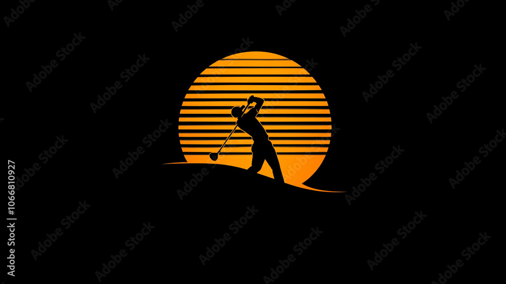 Silhouette of a golfer swinging at sunset with vibrant orange and black backdrop Silhouette of a golfer swinging at sunset with vibrant orange and black backdrop