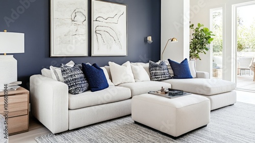 Sectional Sofa with Blue Pillows in a Modern Living Room