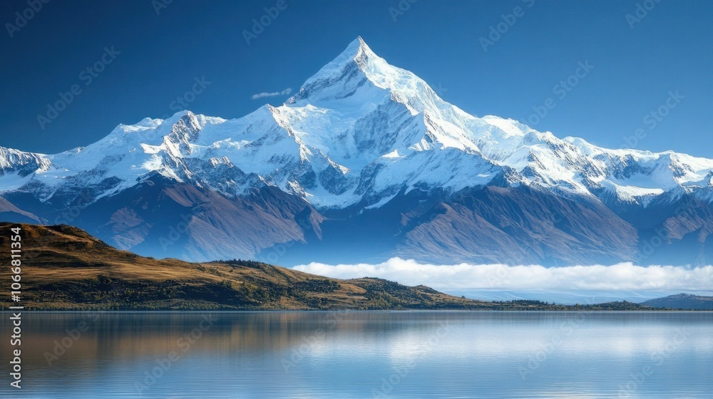 Naklejka premium Snow-capped mountains under a clear blue sky, perfect for winter travel background themes