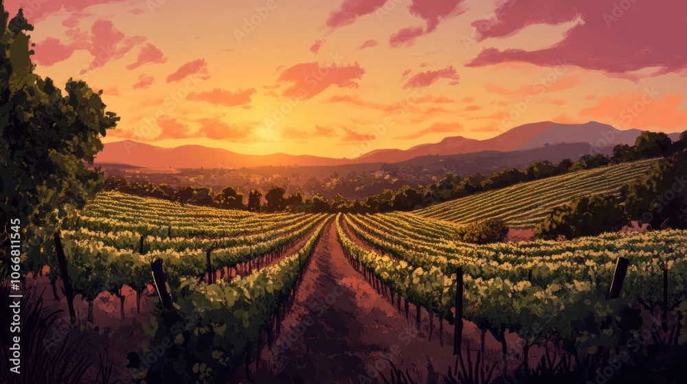 Fototapeta premium Sunset over rolling vineyards, ideal for wine tourism and scenic countryside travel