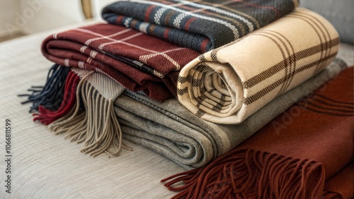 Folded wool scarves in various colors on bed