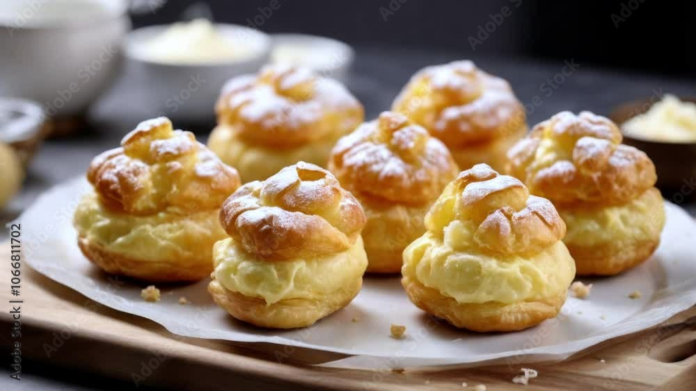 Cream puffs on a cutting board
