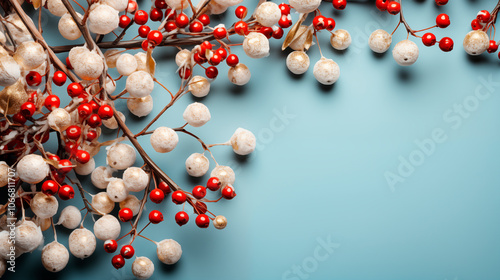 Fondo navideño de con bayas de espino sobre fondo azul claro con espacio para texto.Decoración y felicitación de año Nuevo. photo