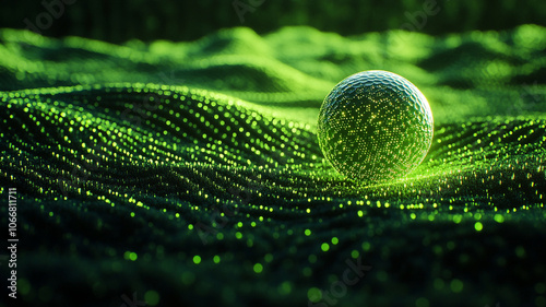A glowing green sphere illuminated on a dark wave-like surface at night