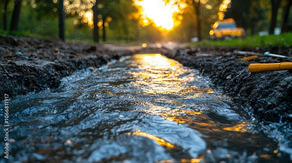Fototapeta premium Sunset Reflected in a Small Stream of Water Flowing Through a Construction Site