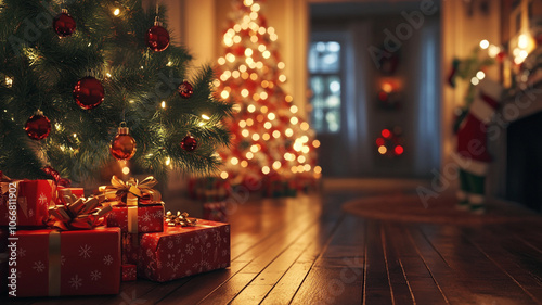 Cozy holiday decorations featuring Christmas trees and wrapped gifts in a warm living room setting photo