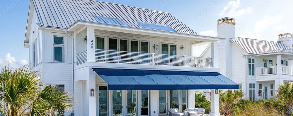 Beach home with a metallic gray roof and vibrant blue awning.