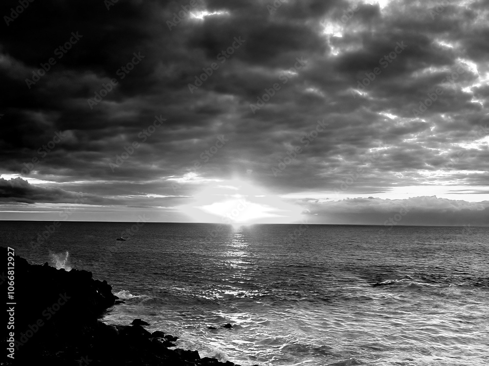 Beautiful HDR Sunset Over Sea Natural Black And White Background Beautiful HDR Sunset Over Sea Natural Black And White Background