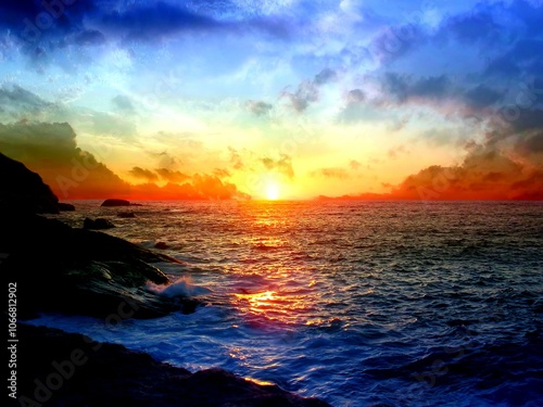 Beautiful HDR Sunset Over Sea Natural Background