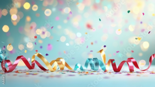 Colorful ribbons and confetti dance through the air, creating a lively atmosphere during a joyful celebration