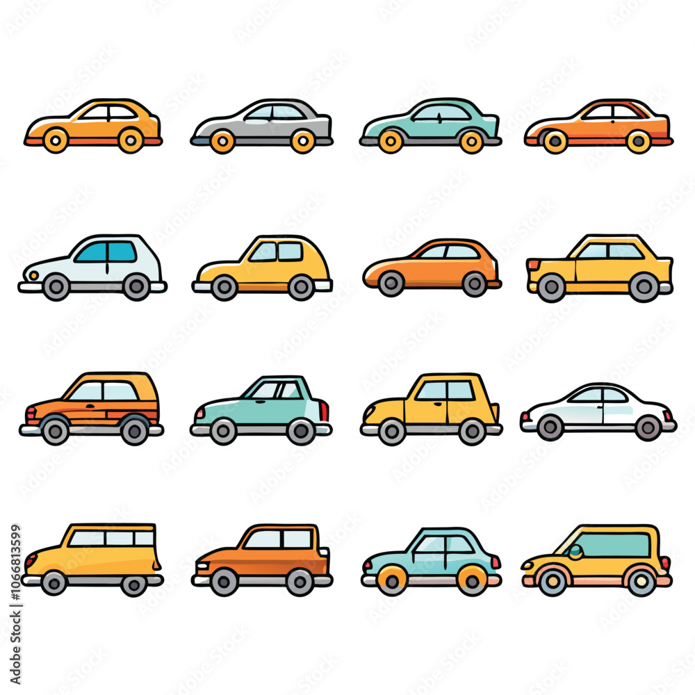 Fototapeta premium front and side view car icons line and silhouette