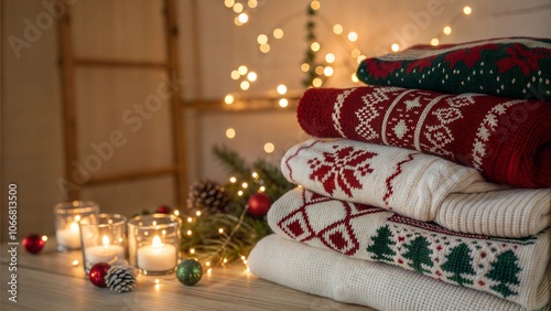 Folded Christmas sweaters with candles and festive decor