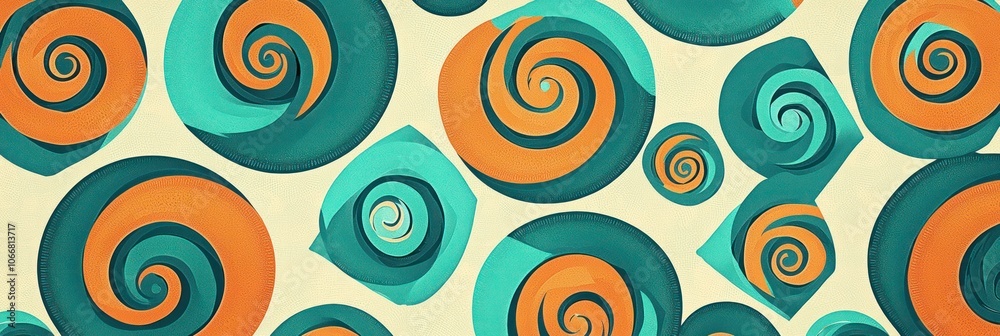 Fototapeta premium Modern pattern of teal and orange spirals over rhombus shapes, perfect for decor.