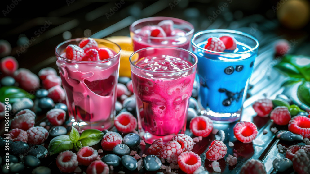 A table with four glasses of different colored drinks and a bunch of raspberries. The drinks are pink, blue, and purple A table with four glasses of different colored drinks and a bunch of raspberries. The drinks are pink, blue, and purple