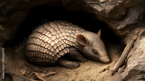 A baby armadillo curled up in a cozy burrow underground. photo